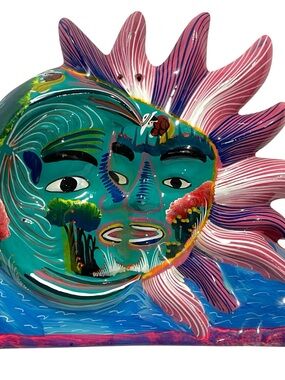 Vintage 1970s Isidoro Mexican Pottery Hand Painted Half Sun Half Moon Face Wall